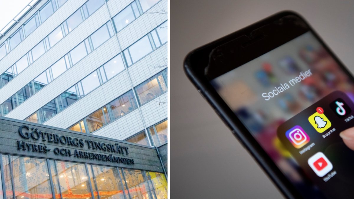 Bild på Göteborgs tingsrätt och en bild på en Iphone med appar.